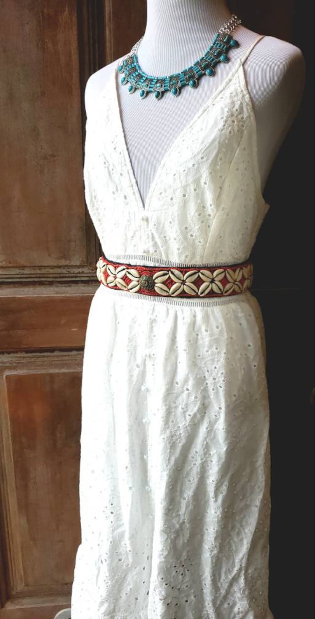 Beaded Cowrie Shell Tie Belt: Tibetan Boho Sash With Brass  display picture 1