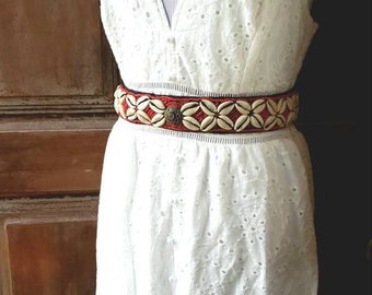 Beaded Cowrie Shell Tie Belt: Tibetan Boho Sash with Brass Medallion