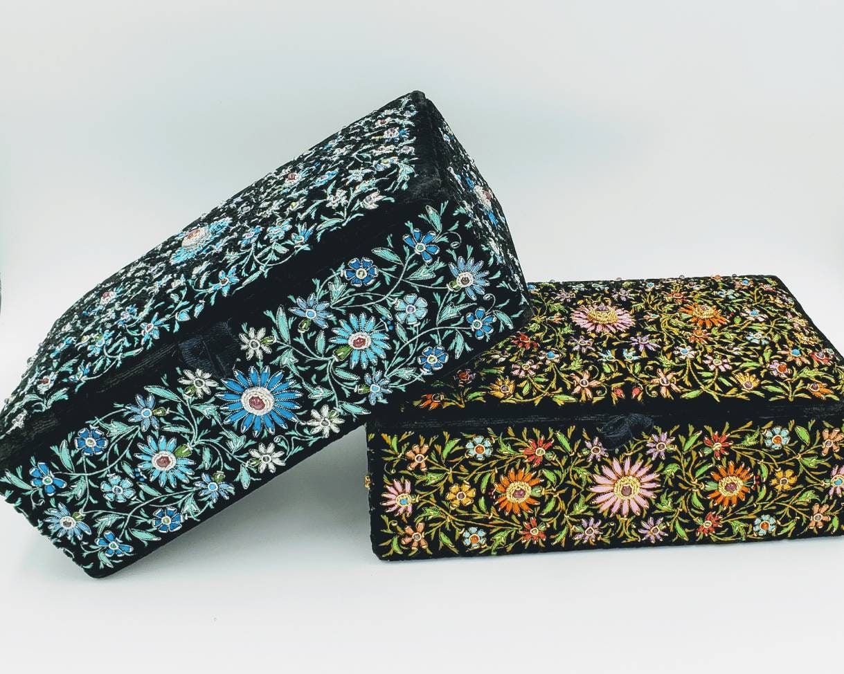 Handmade floral embroidered jewelry box, jeweled box with star rubies