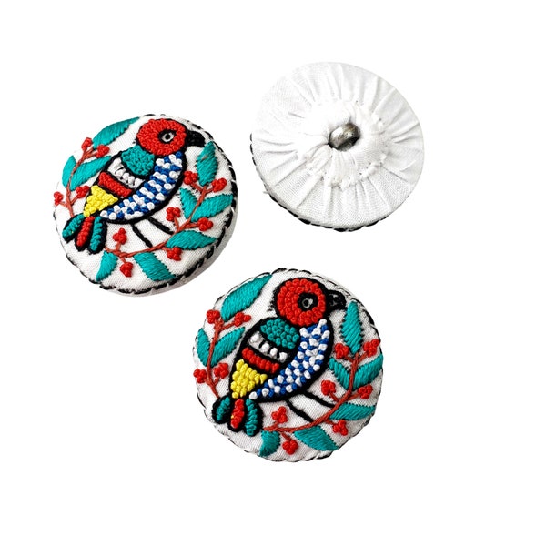 Coloridos botones de nudo francés bordados a mano, botón de pájaro coleccionable decorativo hecho a mano, botón de tela embellecido, botón de artesanía único