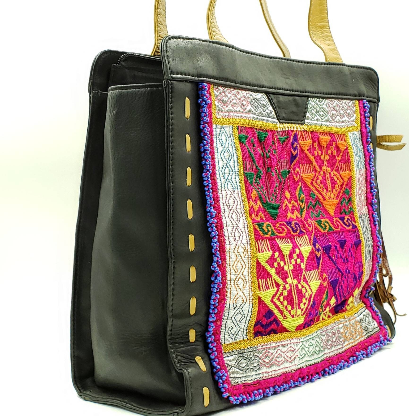 Large INDIAN BANJARA Bag, Ethnic Leather Hippie Bag, Fringe Leather Tote  Beaded