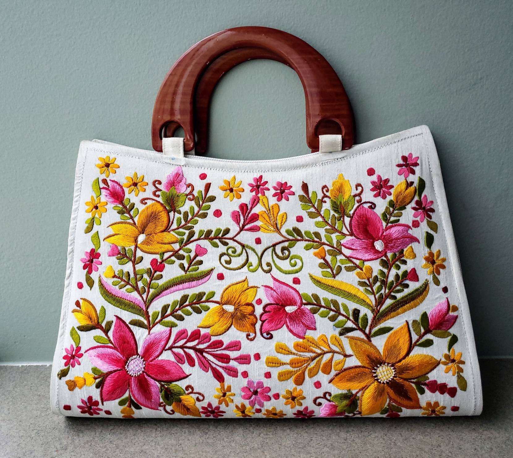 RESERVED FOR LEAH Embroidered cream floral handbag, rainbow floral