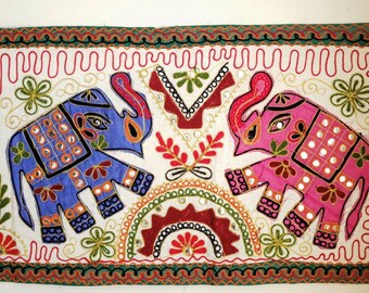 Colorful elephant wall hanging tapestry, India embroidered wall art, boho home decor, elephant lover gift, elephant tablecloth, dorm decor