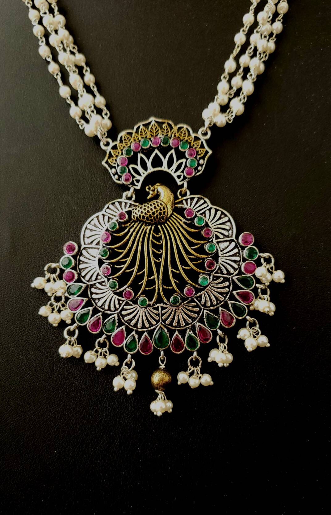 Vintage Bollywood Peacock Necklace & Earrings Set - Oxidized Silver & Faux Pearl Indian Ethnic Jewelry For Women - View #2