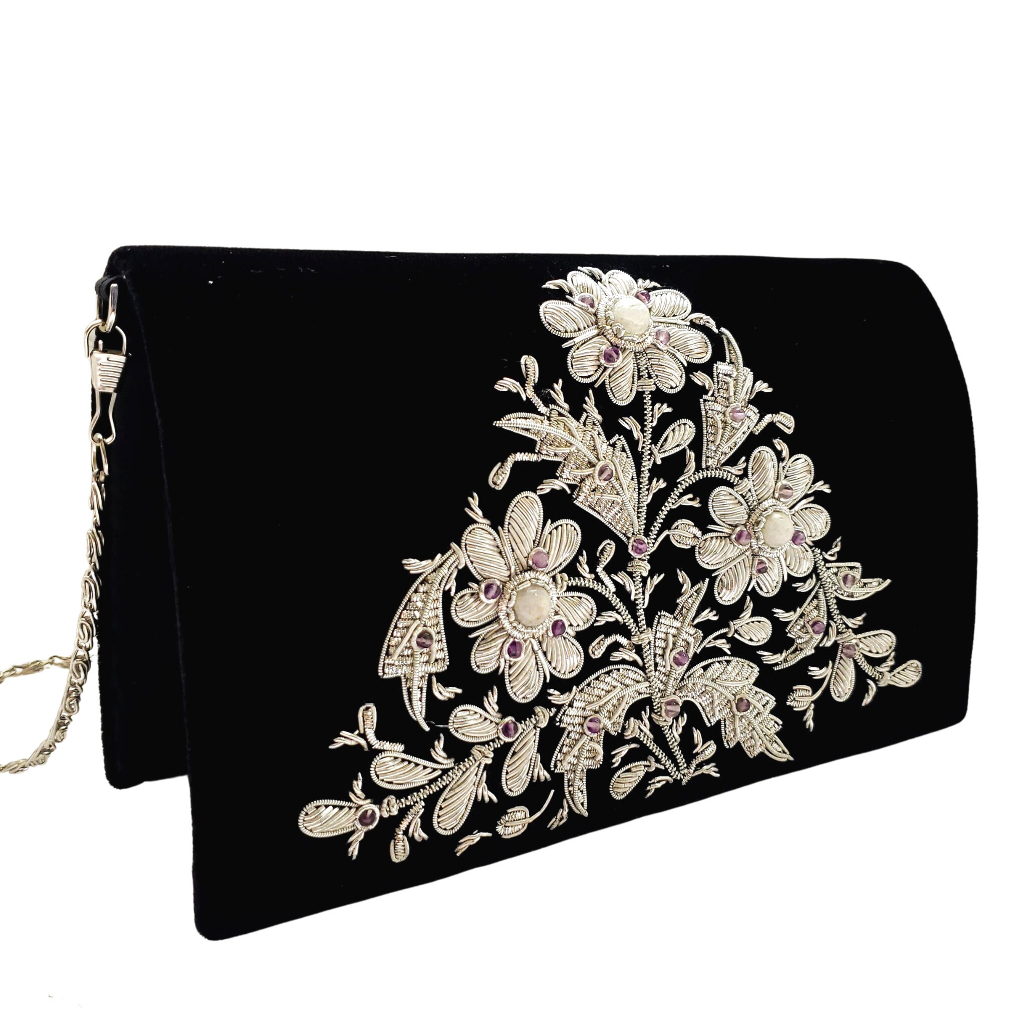 Velvet evening clutch bag embroidered with metallic flowers