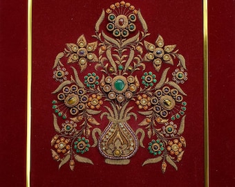Zardozi Art: Red Velvet Gemstone Embroidered Floral Tapestry