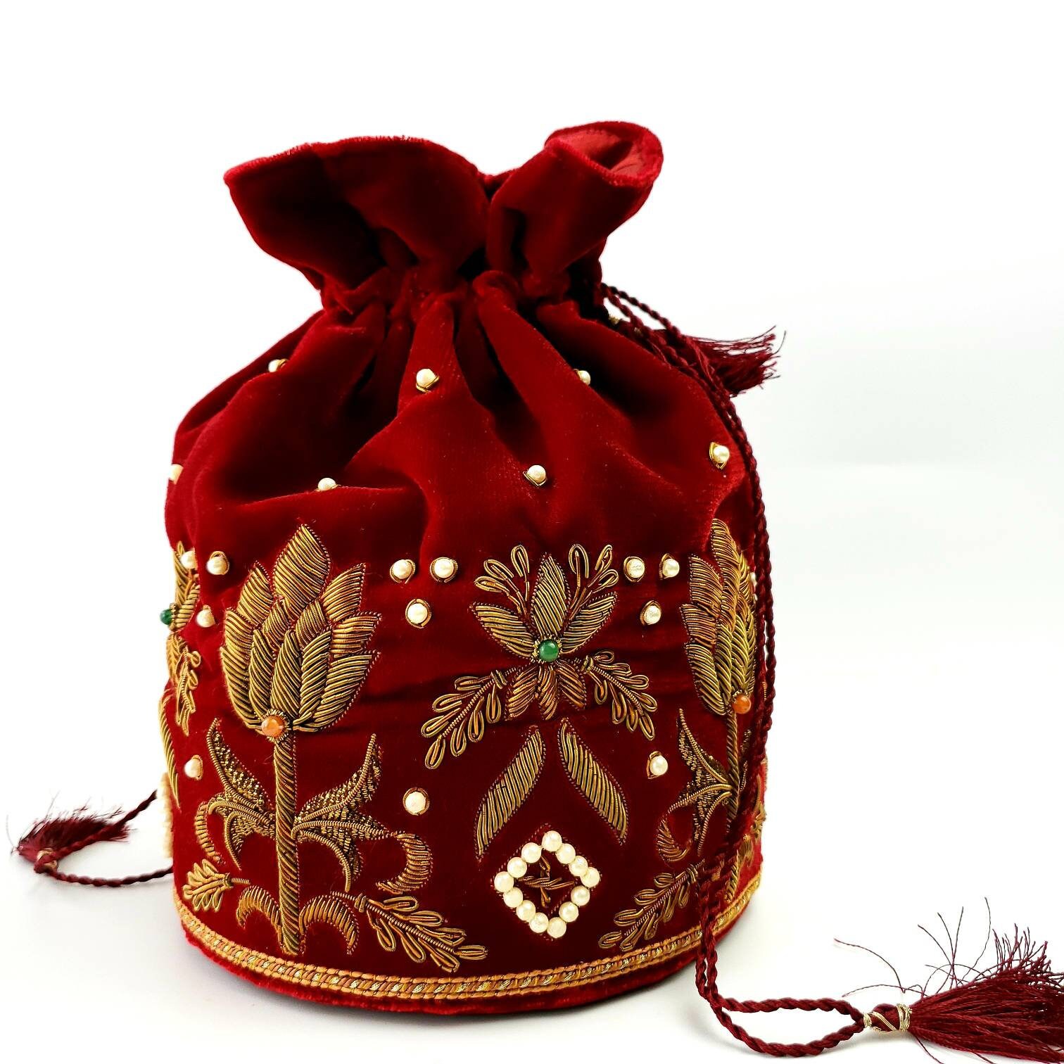 Wedding Red Flocking Velvet Drawstring Potli Bag