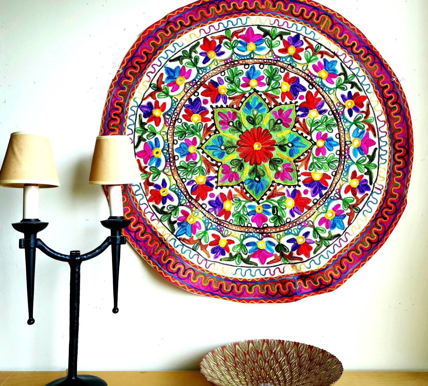 Colorful Indian embroidered tapestry wall hanging, floral ethnic Kuchi