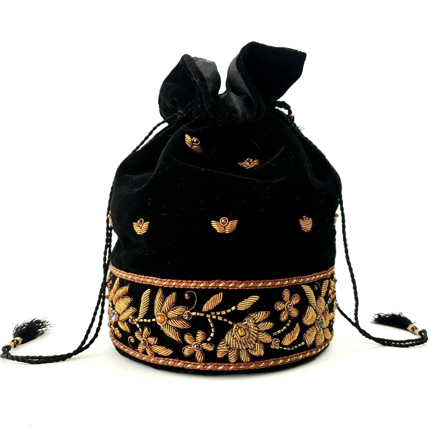 Designer potli bag, wrist bag, bucket bag, handmade velvet handbag