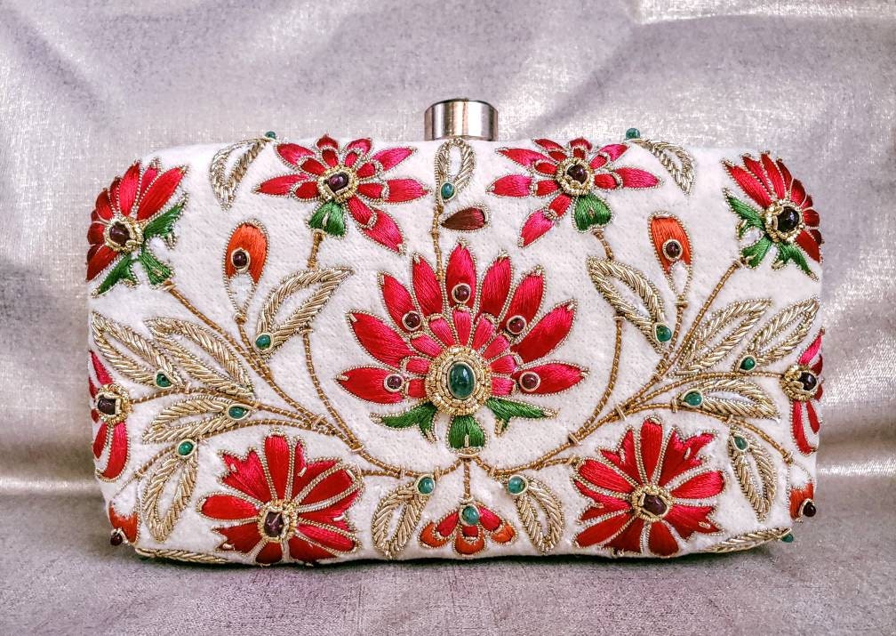 Hand Embroidered Bridal Clutch Floral Evening Bag Lotus 