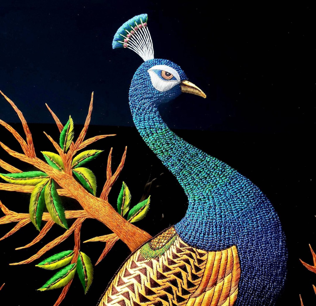 Large Hand Embroidered Peacock Wall Art: Zardozi India Decor