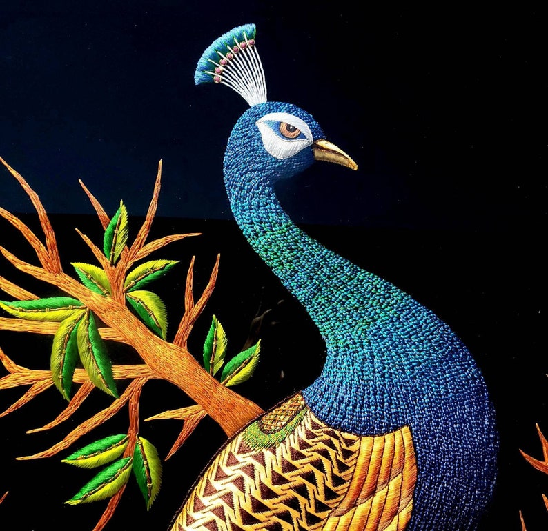 Large Hand Embroidered Peacock Wall Art: Zardozi India Decor image 1