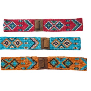 May include: Three beaded belts with wooden buckles. The belts are red, blue, and orange with geometric patterns.