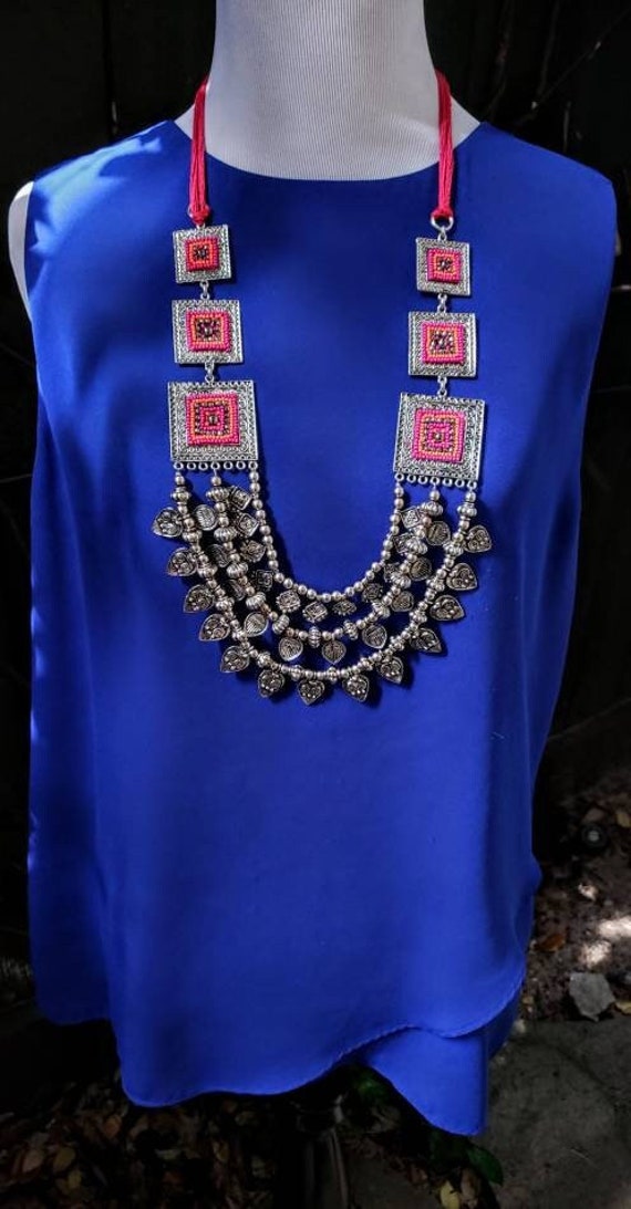 Oxidized German Silver Amulet Necklace: India Hindu Jewelry