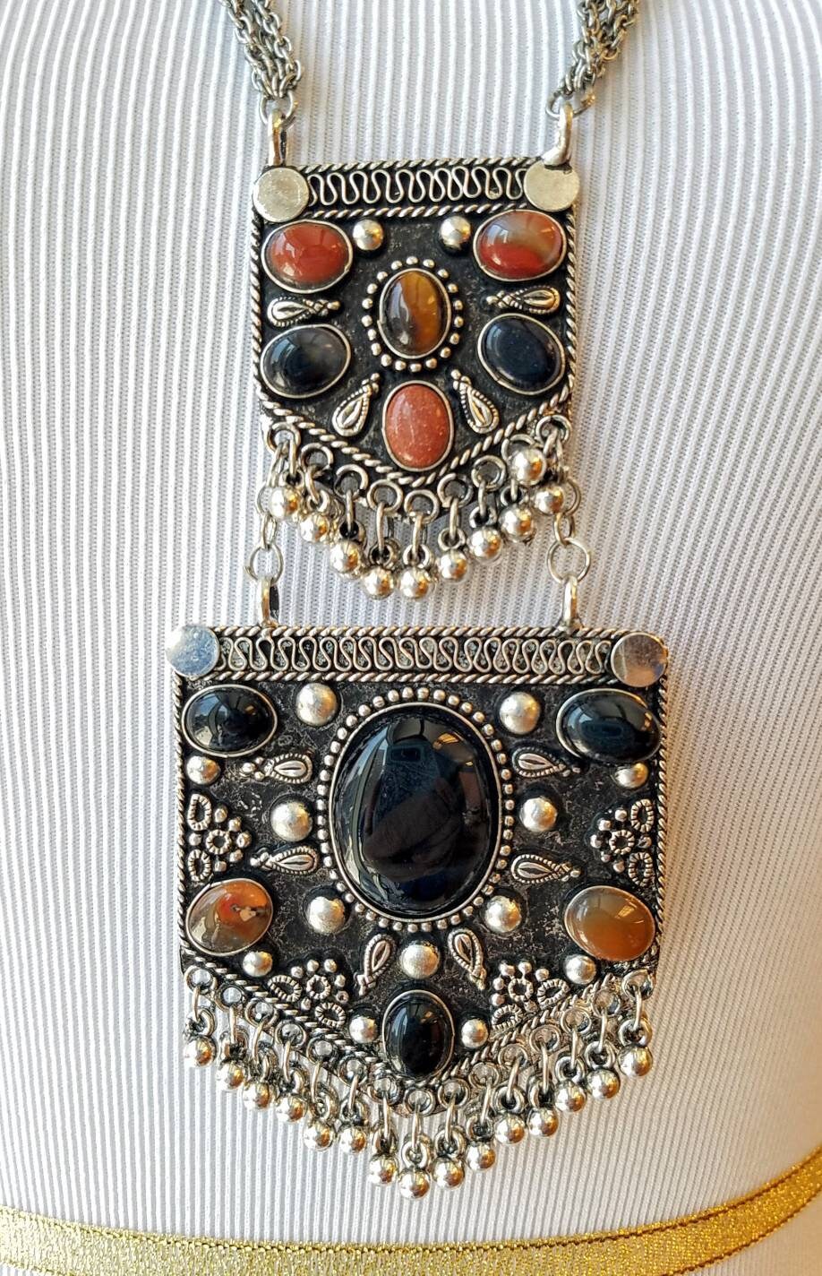 Large pendant set, filigree jewelry, stone pendant set, India pendant