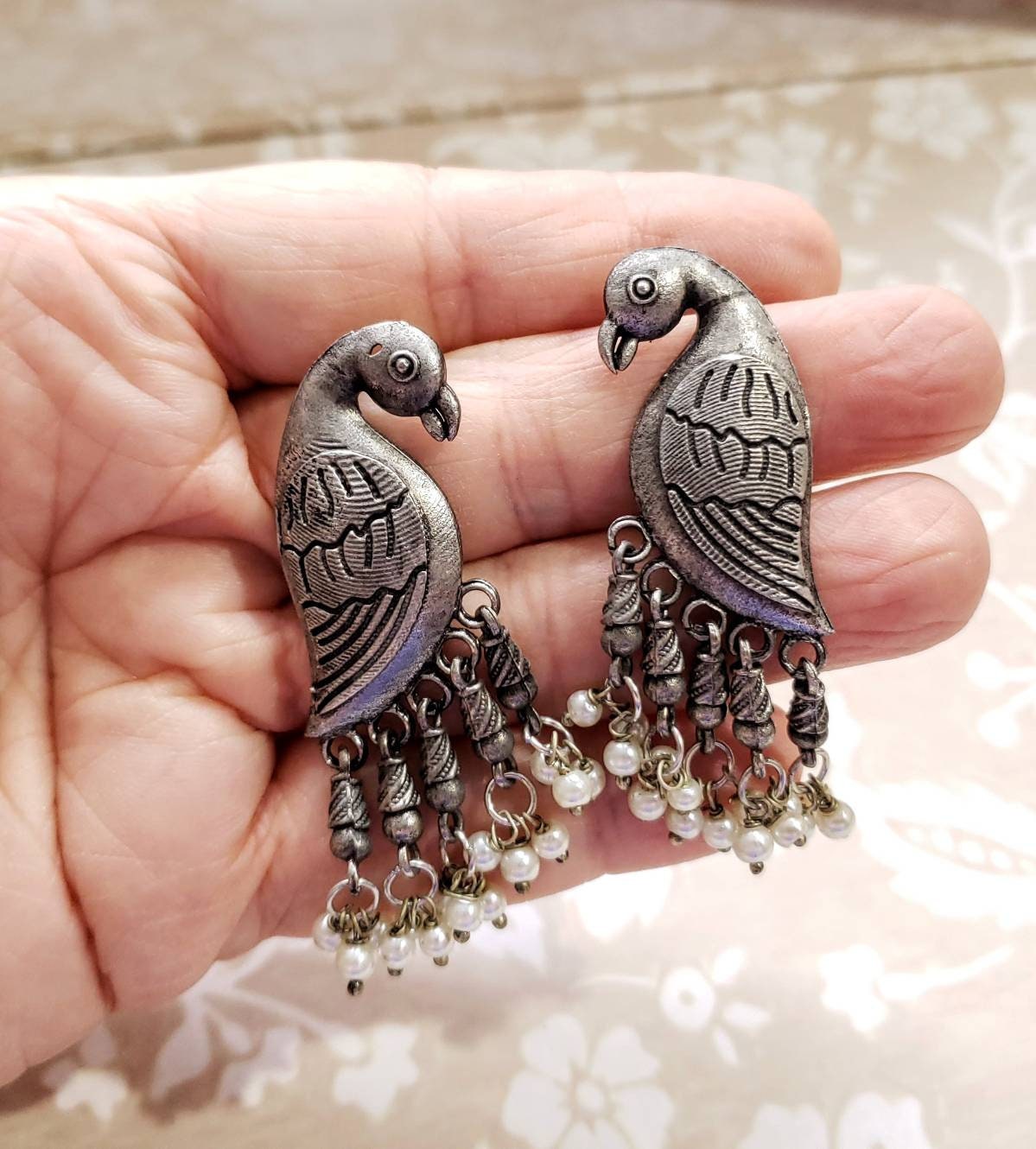 India bird jhumka earrings in oxidized silver, parrot earrings, bird