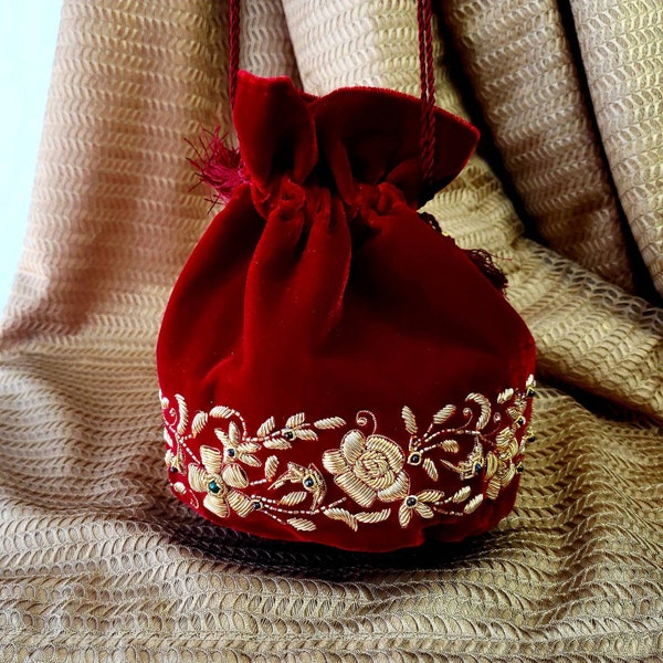 Designer potli bag, wrist bag, sling bag, handmade Indian wedding purse, zardozi purse, velvet drawstring pouch bag, Valentines gift for her