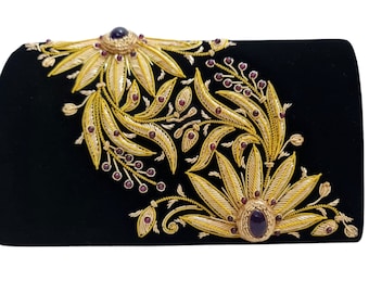 Black Velvet Clutch: Gold Embroidered Evening Bag with Amethysts