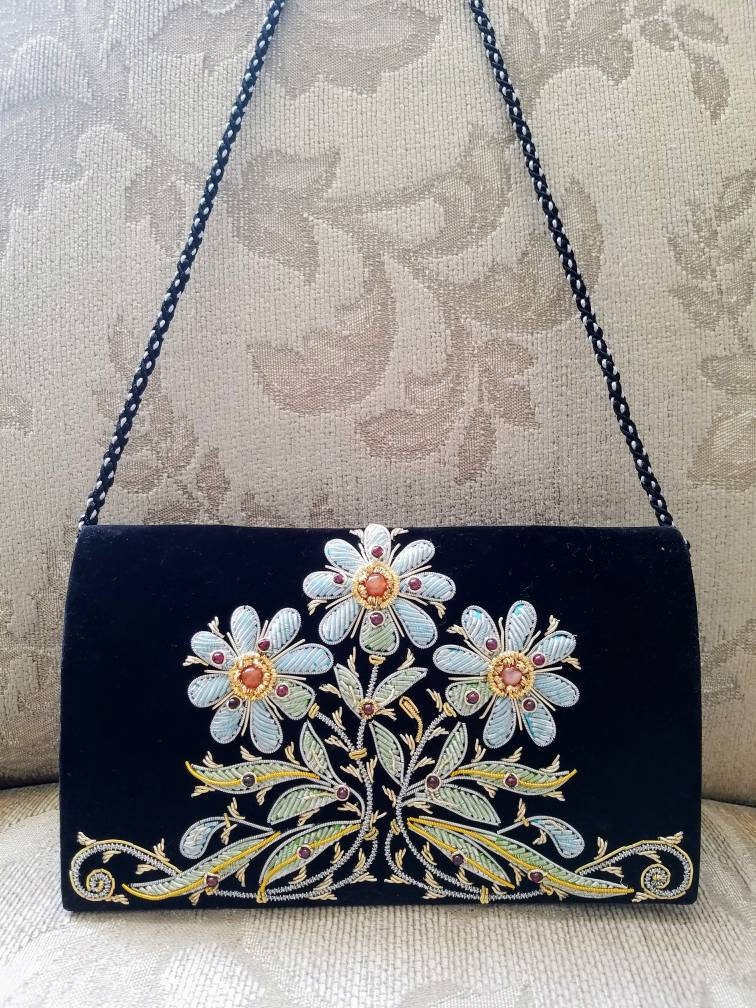 Black velvet embroidered handbag, black velvet clutch, black velvet ...
