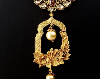 Kundan and pearl India pendant necklace set, flower dangle pendant set, India polki jewelry, OOAK statement necklace, art nouveau jewelry