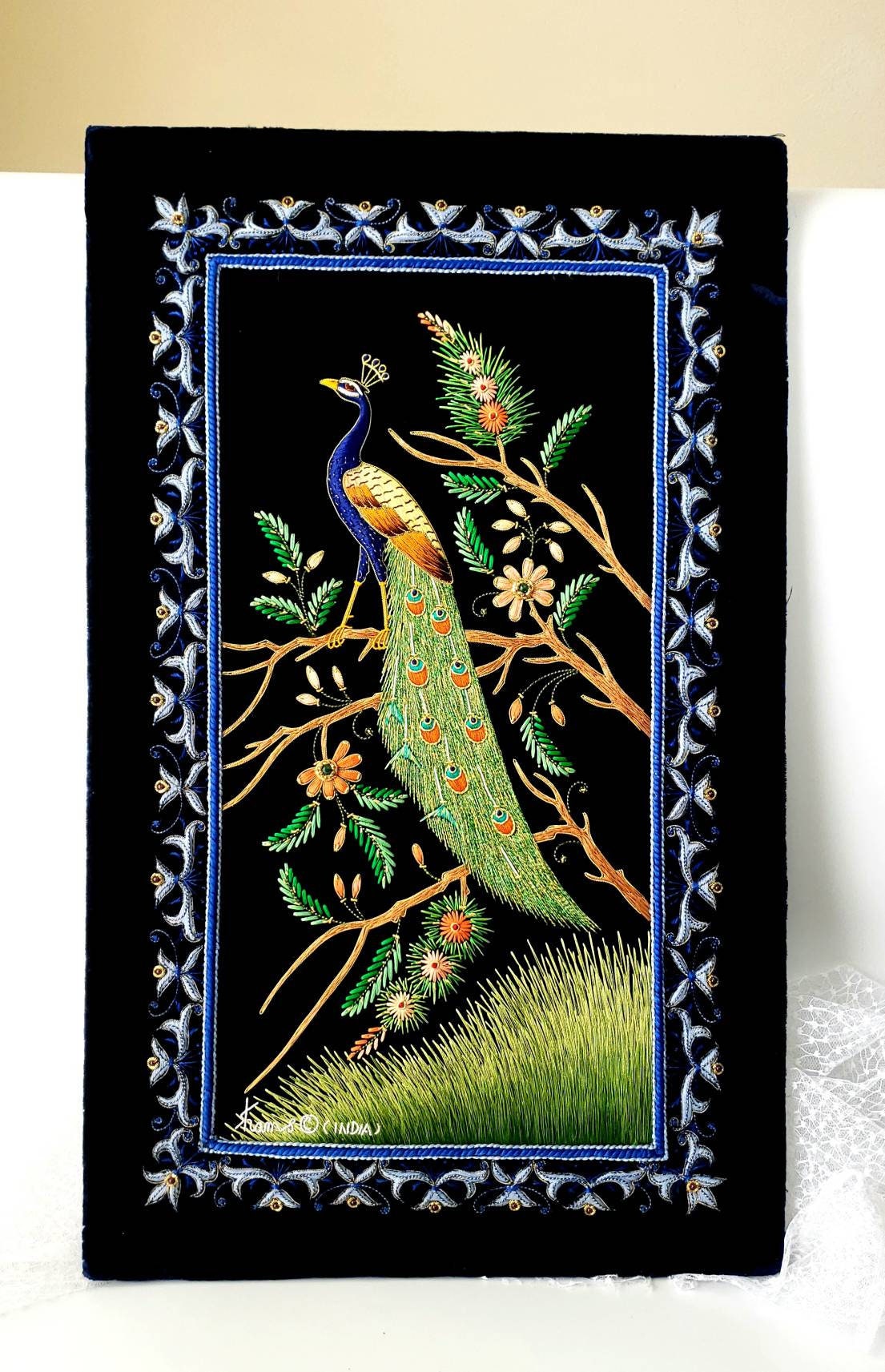 Embroidered peacock wall art,peacock lover gift, zardozi, peacock home
