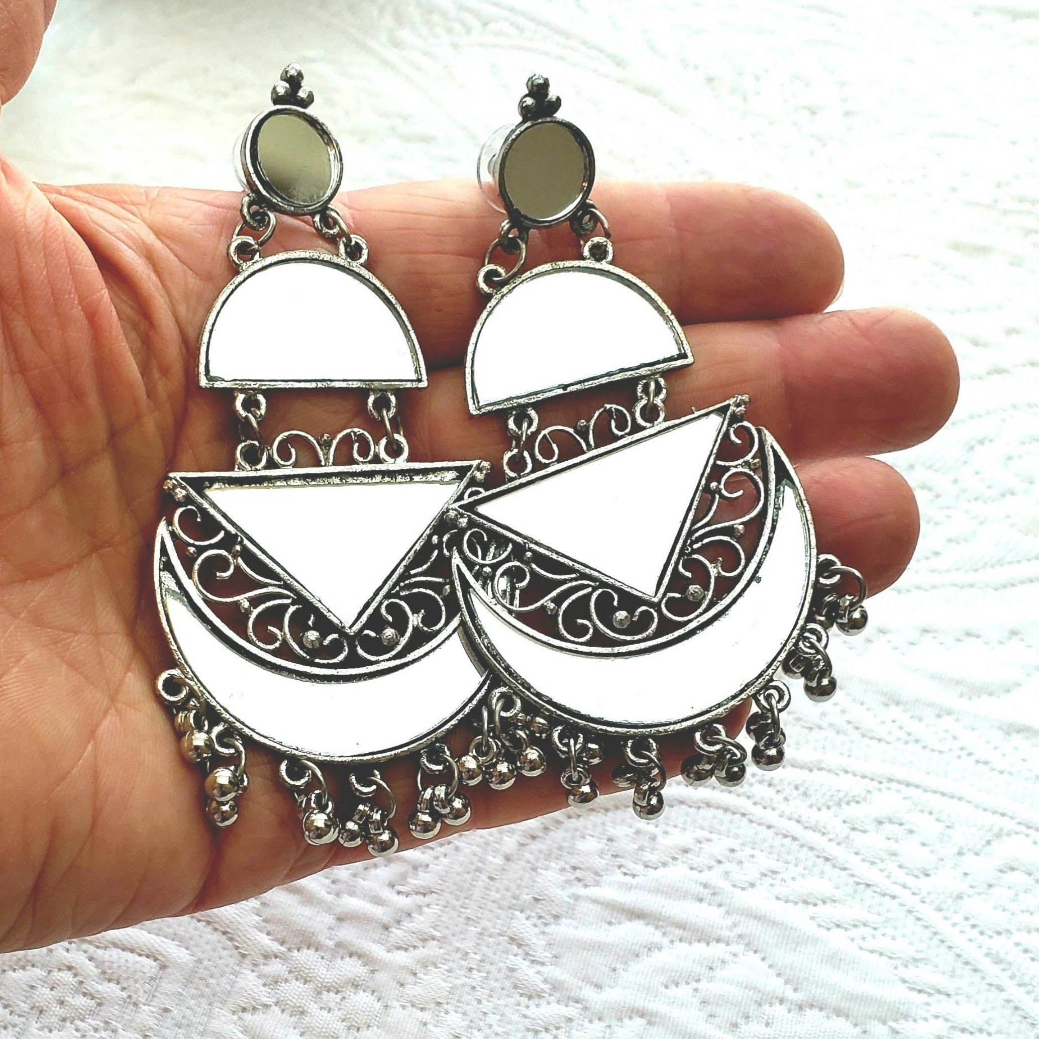 Afghani mirror pendant set, multistrand chain necklace, chandbali
