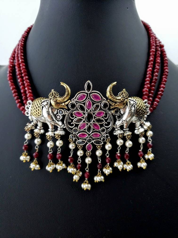 India CZ jewelry, India elephant choker, jhumka necklace, India jhumka