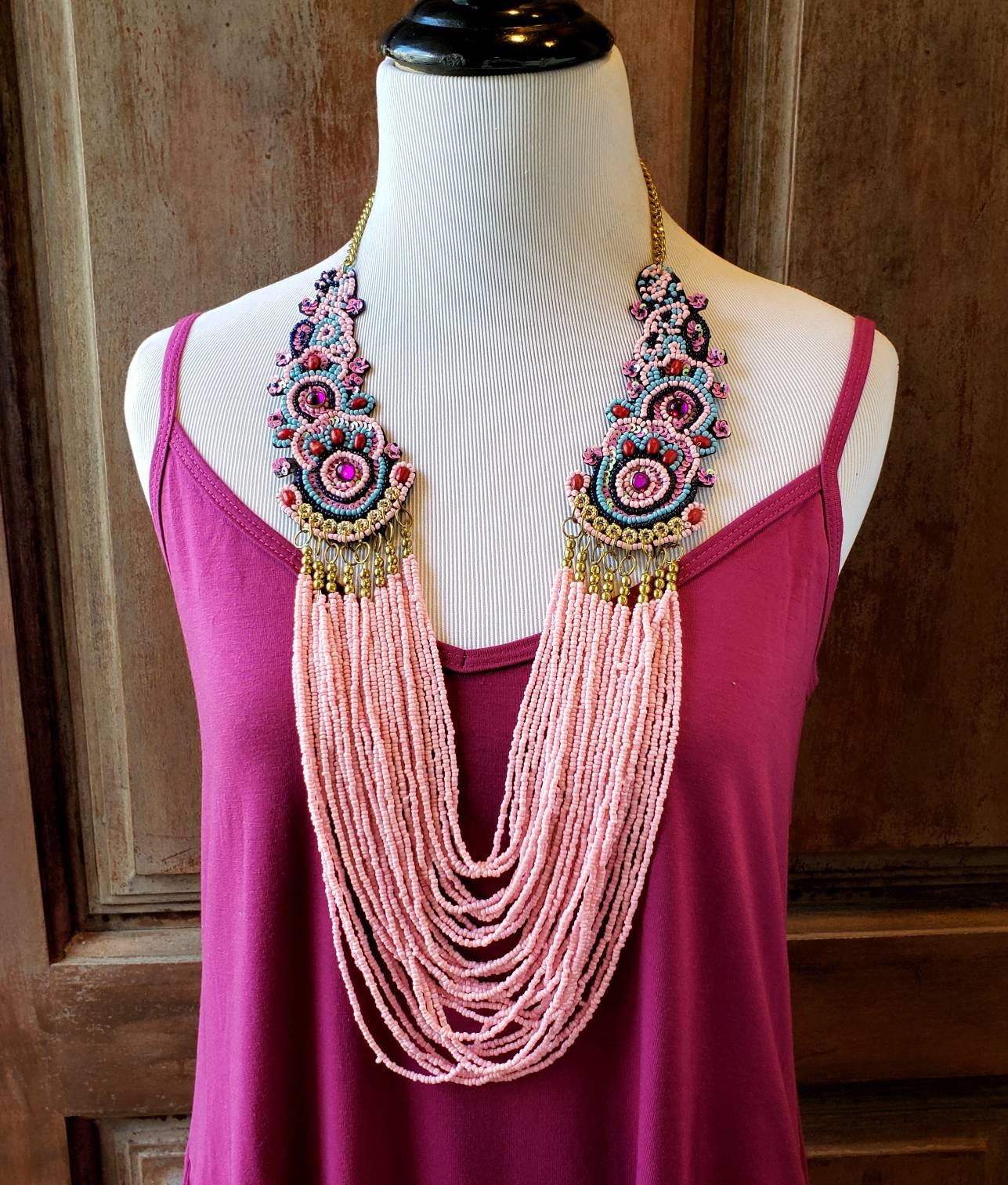 Multistrand seed bead necklace with applique and sequins, vintage