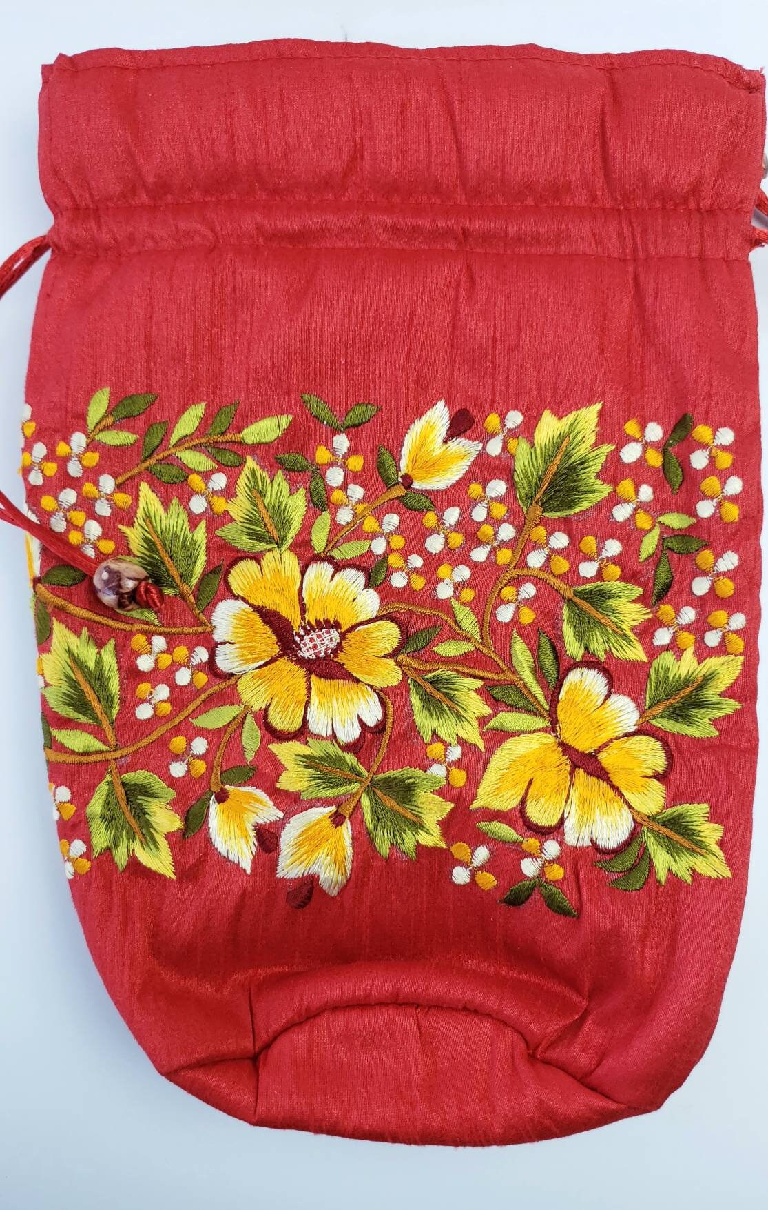 Embroidered drawstring pouch, potli bag, cosmetic bag, jewelry pouch