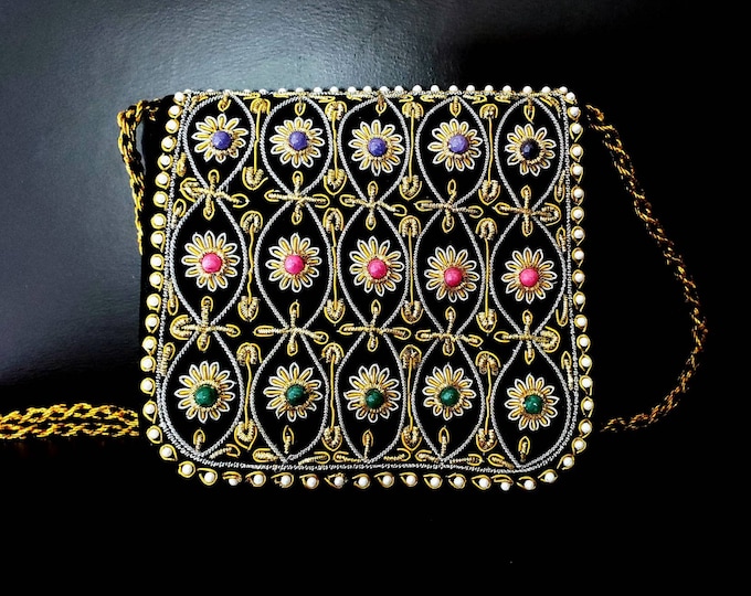 Featured listing image: Black velvet embroidered mini clutch, girl's handbag, embellished purse, Zardozi evening bag, flower girl purse, wedding purse, gift for her