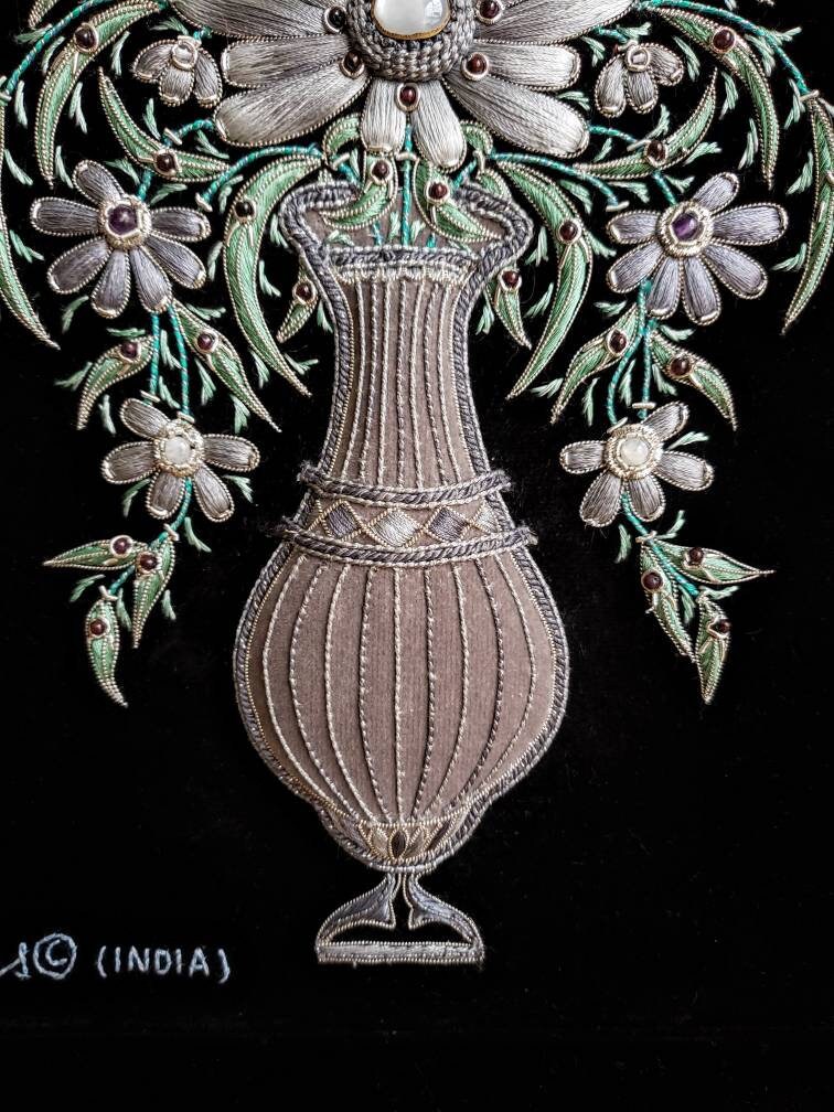 Hand embroidered gray flowers in vase, botanical wall art, floral wall art, embroidered flowers