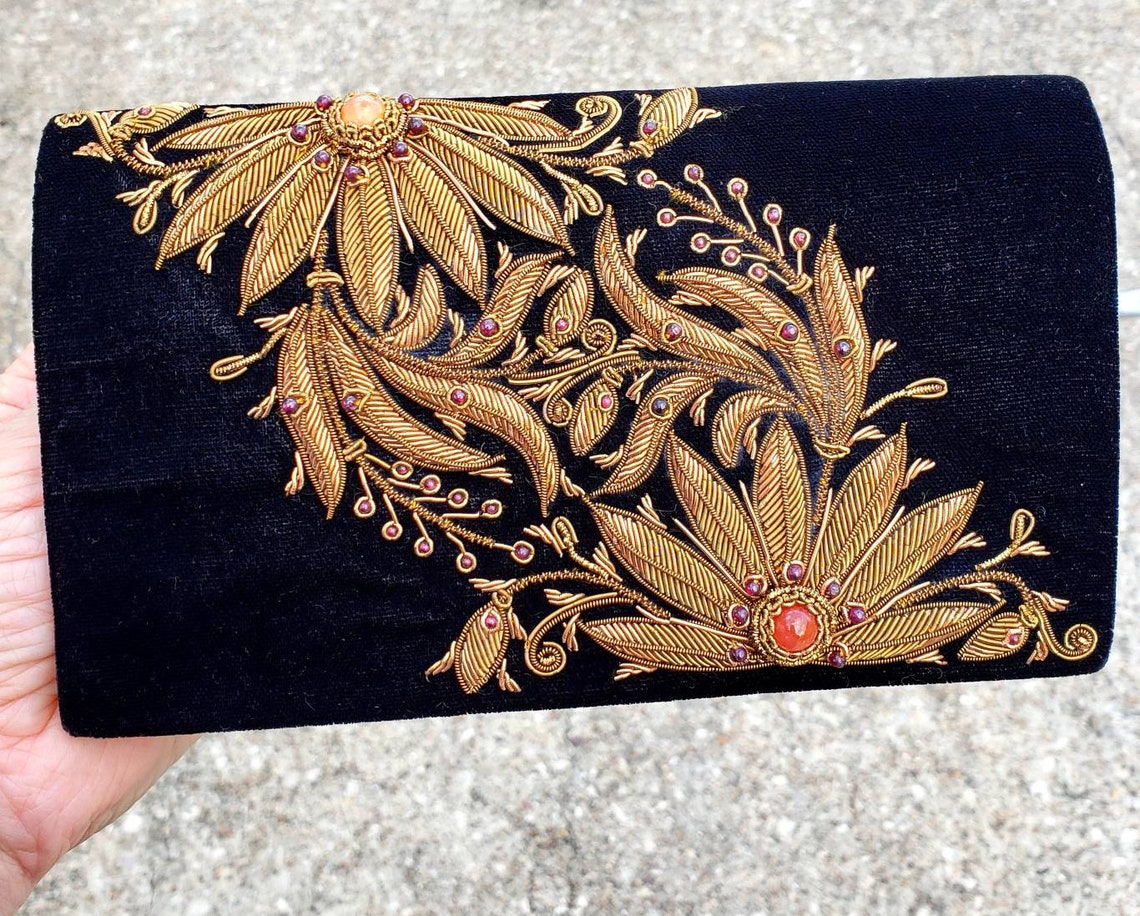 Luxury Black Velvet Evening Bag Hand Embroidered With Copper - Etsy
