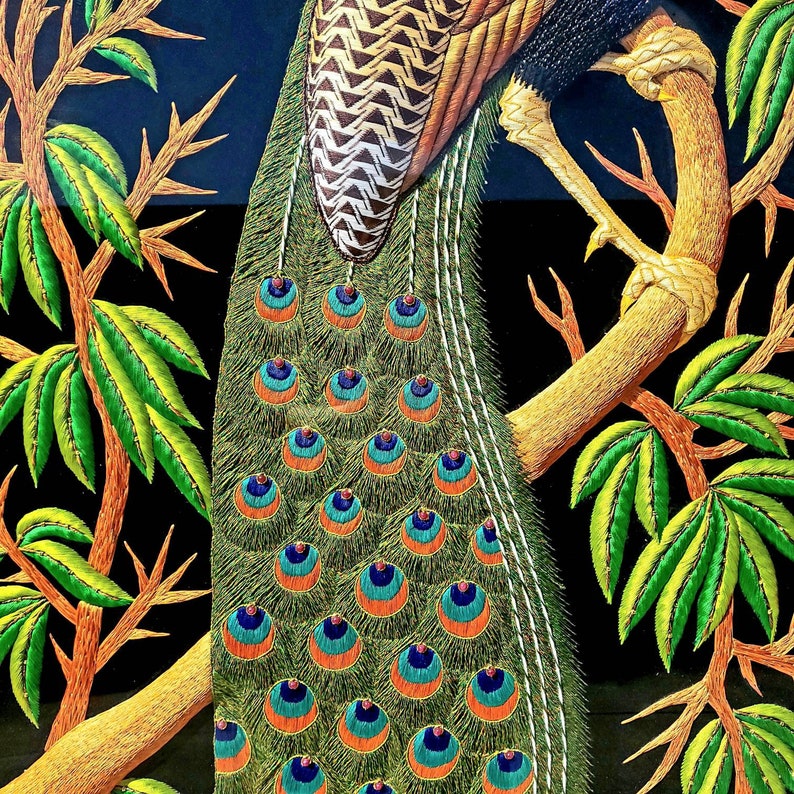 Large Hand Embroidered Peacock Wall Art: Zardozi India Decor image 7