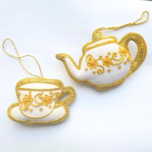 Handmade Embroidered Teapot & Teacup Christmas Ornament: Gold Floral Decor