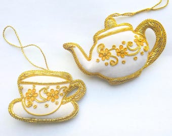 Handmade Embroidered Teapot & Teacup Christmas Ornament: Gold Floral Decor
