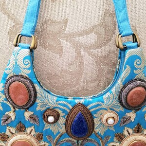 Vintage embroidered handbag, vintage turquoise handbag, OOAK handbag, statement handbag, zardozi handbag, top handle bag, gifts for her image 3