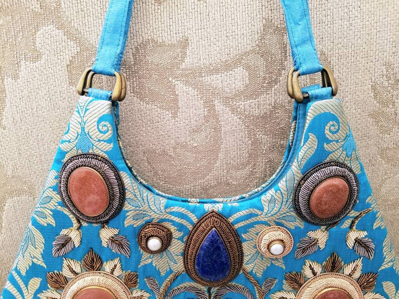 Vintage embroidered handbag, vintage turquoise handbag, OOAK handbag, statement handbag, zardozi handbag, top handle bag, gifts for her image 3