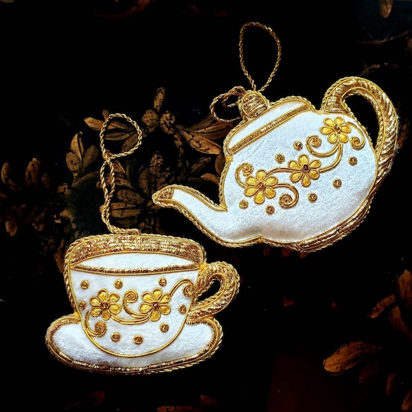 Handmade embroidered Tea pot tea cup Christmas ornament, white gold Christmas decor, hanging holiday ornament,seasonal decor, tea lover gift