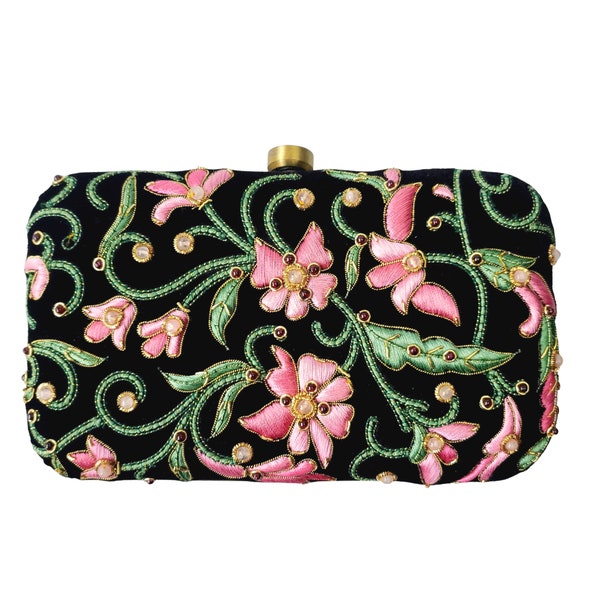 Hand embroidered black evening clutch bag, pink floral hard case clutch minaudiere, OOAK statement handbag, zardozi purse, black velvet bag