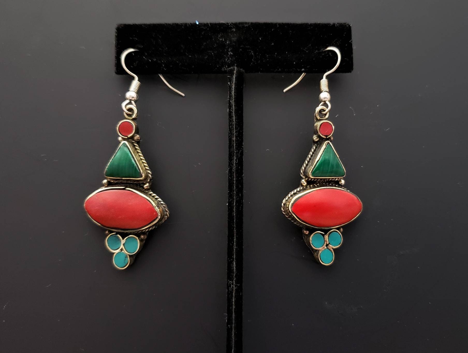 Tibet jewelry, Tibet earrings, Turquoise and coral drop earrings, boho ...