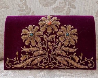 Embroidered evening bag, maroon velvet purse, Zardozi purse, Zardozi clutch, Zardozi evening bag, India embroidered clutch, gifts for her