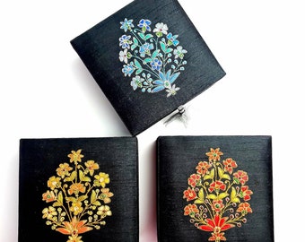 Black silk Jewelry box embroidered with flowers, silk gift box, wedding and engagement ring box, ring bearer box, keepsake box, hostess gift