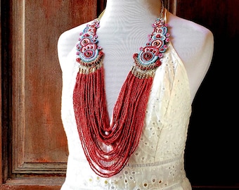 Vintage Inspired Seed Bead Multistrand Necklace with Applique