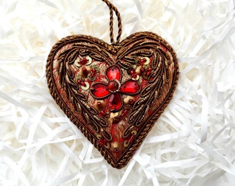 Red heart hanging Christmas ornament, embroidered red heart ornament, gift tag,Valentine&#39;s Day gift, Christmas decor, heart decor, love gift