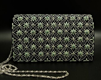Embroidered green and black velvet evening bag clutch, floral clutch embellished with green onyx,zardozi purse,St. Patricks Day gift for her