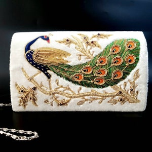 Peacock clutch bag, embroidered velvet peacock evening bag, Valentines day gift for her, peacock lover gift, bird lover gift, India zardozi