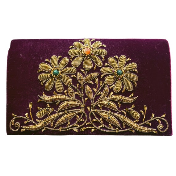 Mauve velvet art deco evening bag embroidered with copper and inlaid with  jade, luxury purse, party purse, OOAK Statement handbag, zardozi