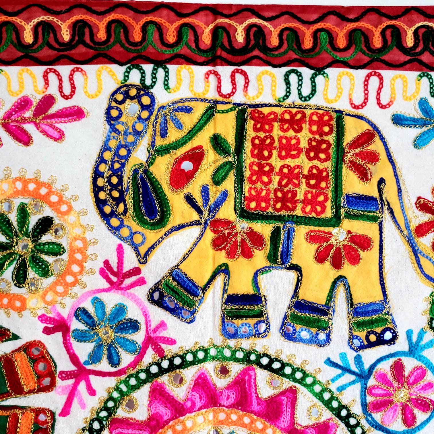 Colorful elephant embroidered wall hanging tapestry, India wall art