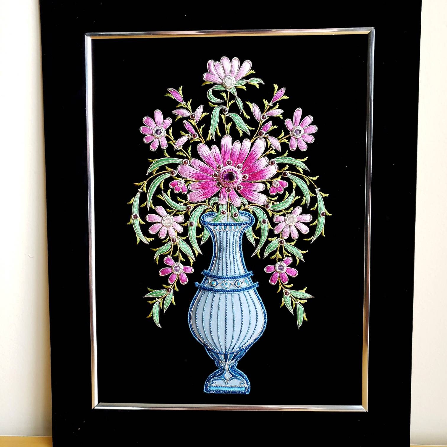 Hand embroidered silk flowers in vase, botanical wall art, floral wall art, embroidered flowers