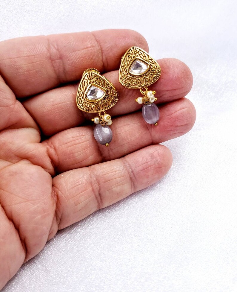 polki jewelry Indian jewelry Small goldtone kundan pendant set teardrop pendant and earrings with faux amethyst Indian pendant set